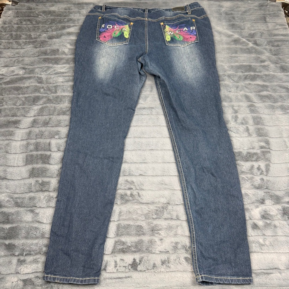Rocawear Womens 20 Peacock Feather Embroidered Jeans Medium Wash Straight Leg